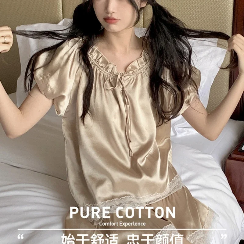 Sleepwear Women's Clothes Summer Short Sleeve Ice Silk New Thin Cool Casual Home Loose Cozy  Simple Soft Affordable Skinny Sweet