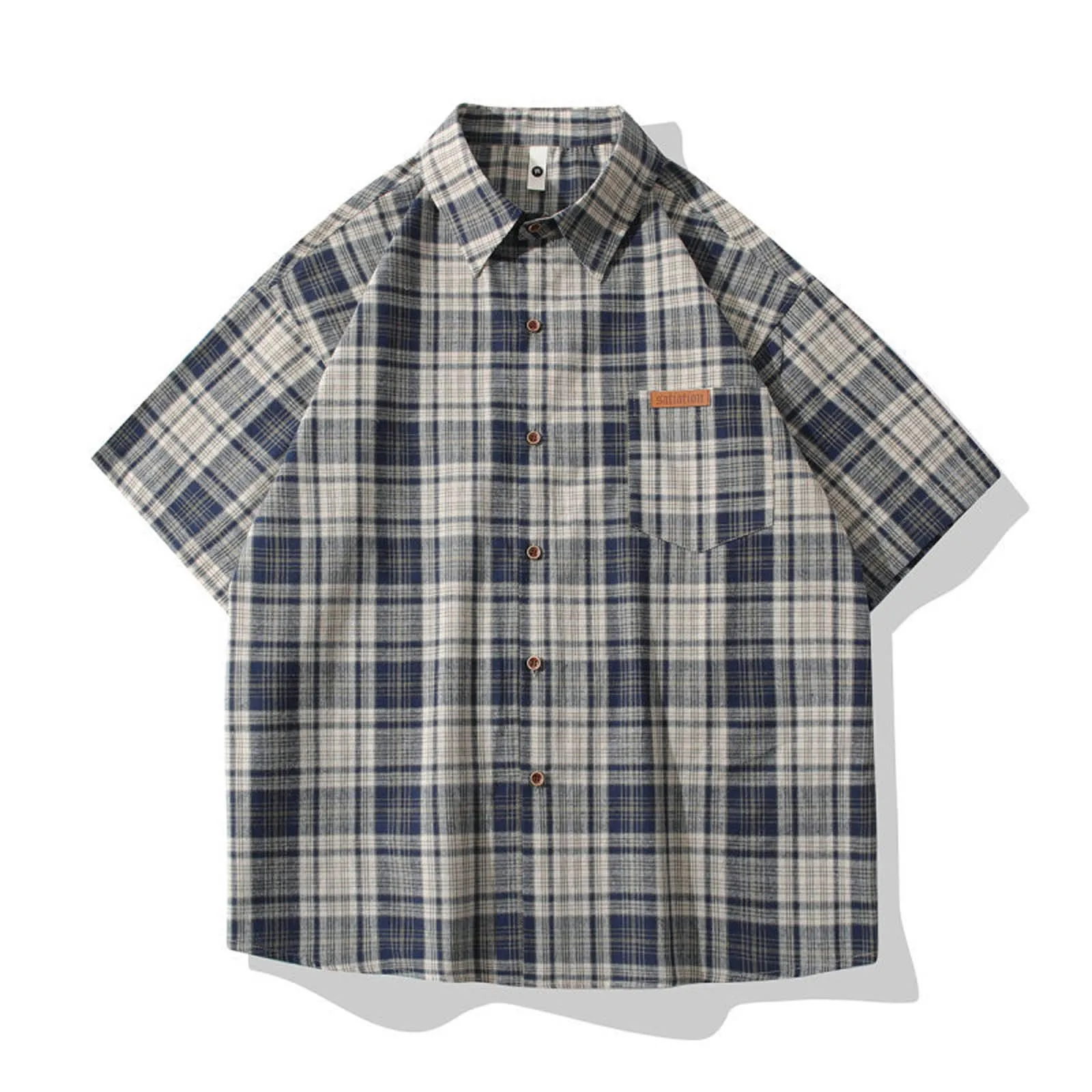 Men'S Loose Plaid Short Sleeved Shirts Casual Linen Button Down Oversized Shirt Harajuku Luxury Comfort Brand Male Shirts