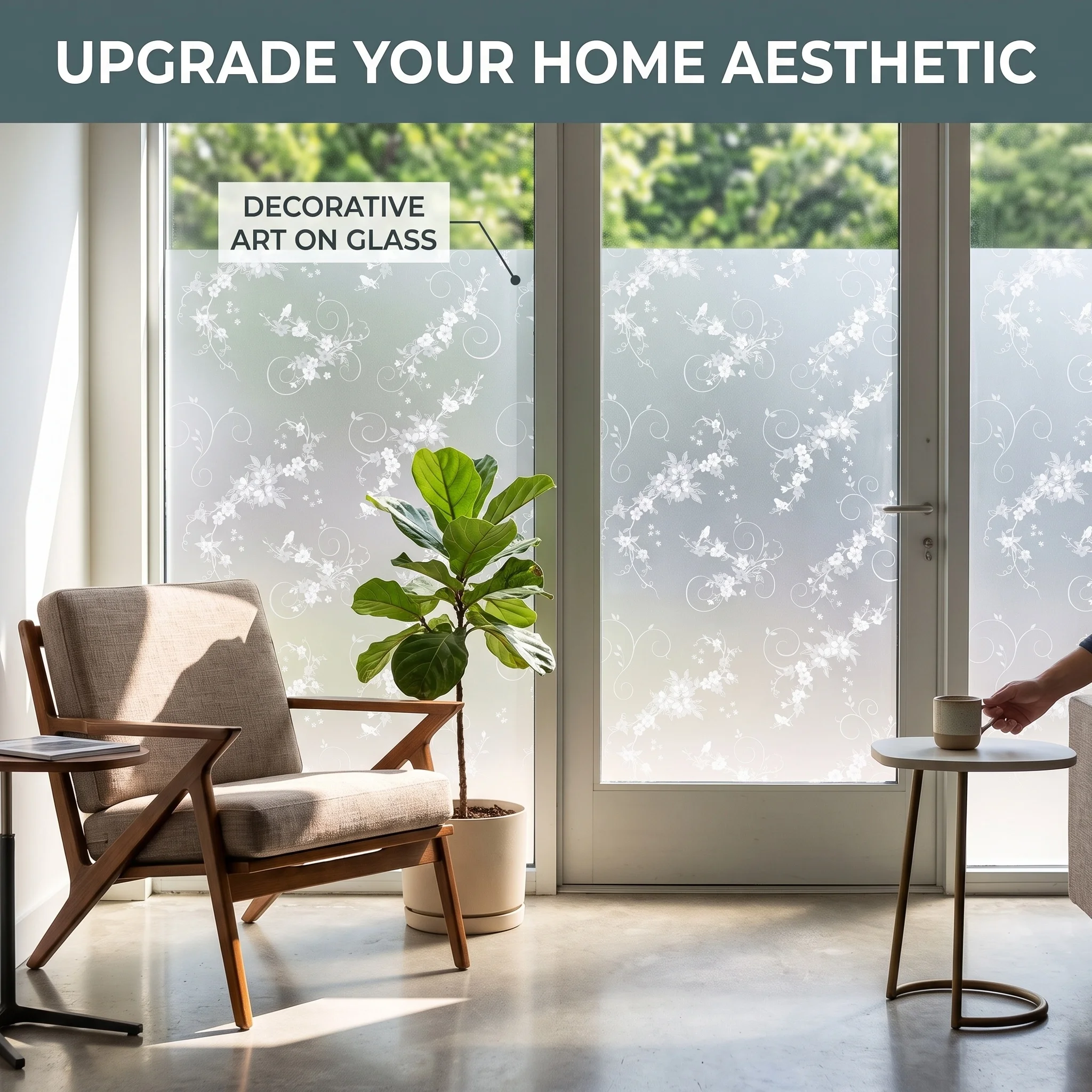 Floral Vine Pattern Window Film Self-Adhesive Frosted Privacy Glass Sticker Anti-UV Anti-Glare Waterproof PVC for Bathroom Decor