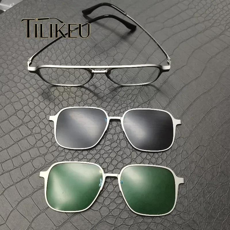 New Titanium Alloy Magnetic Suction Eyeglasses Frame for Men Double Bridge Square Anti Blue Light Polarized Magnetic Sun Glasses