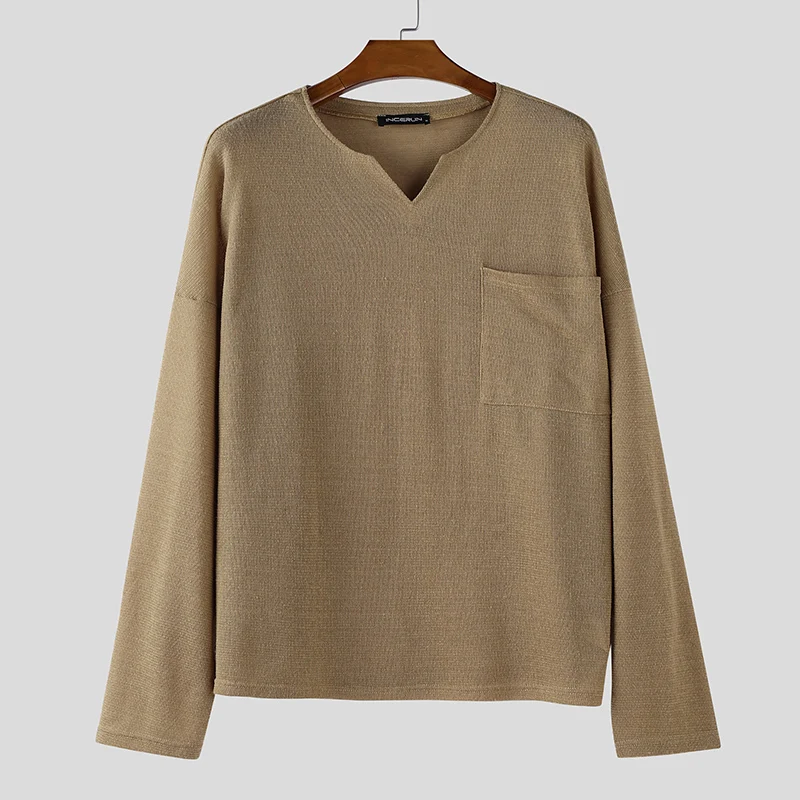 INCERUN الرجال تي شيرت بلون الخامس الرقبة طويلة الأكمام عادية الذكور المحملة القمم الشارع الشهير 2025 فضفاض الكورية نمط موضة الرجال الملابس