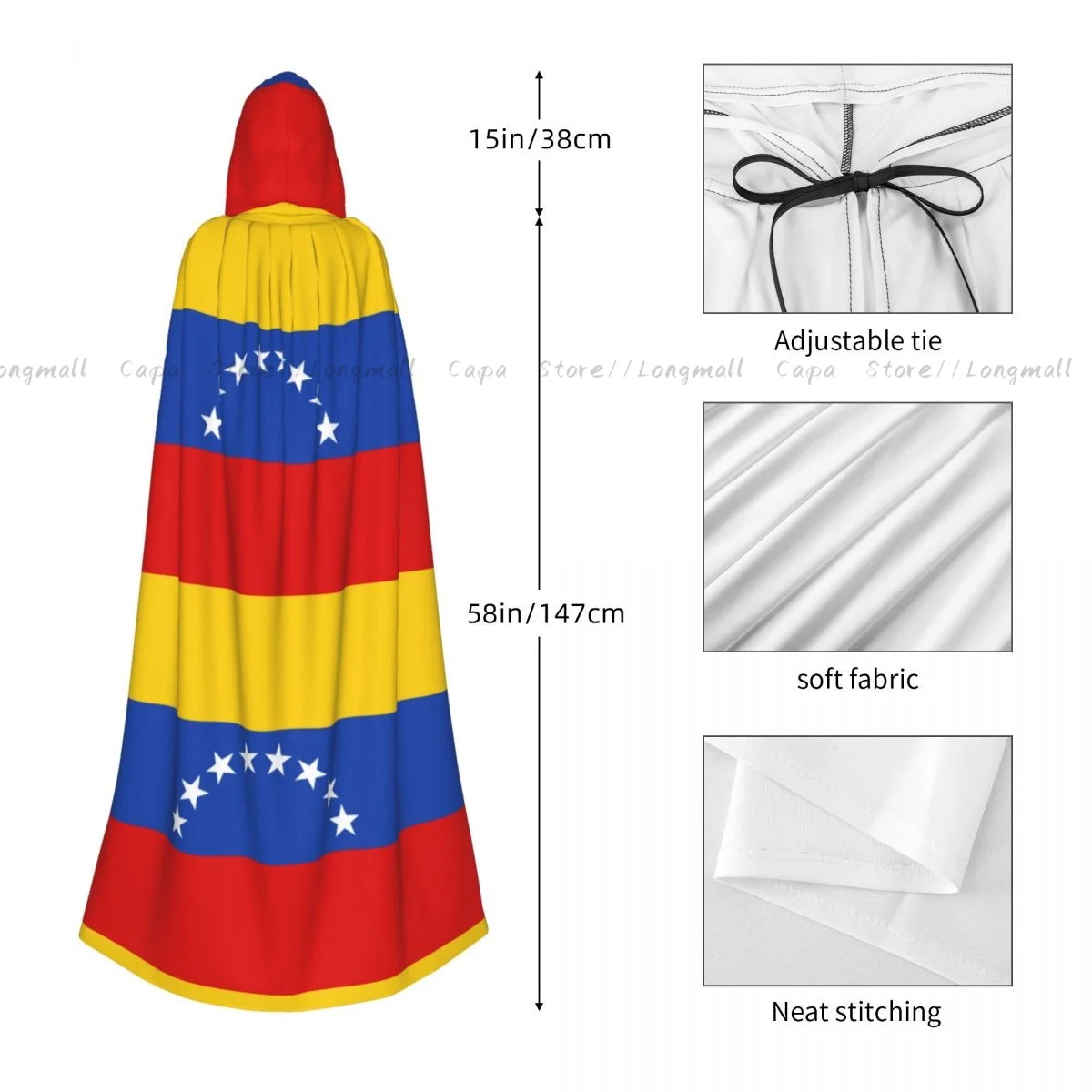 Venezuelan Flag Hooded Cloak Coat Halloween Cosplay Costume Vampire Devil Wizard Cape Gown Party