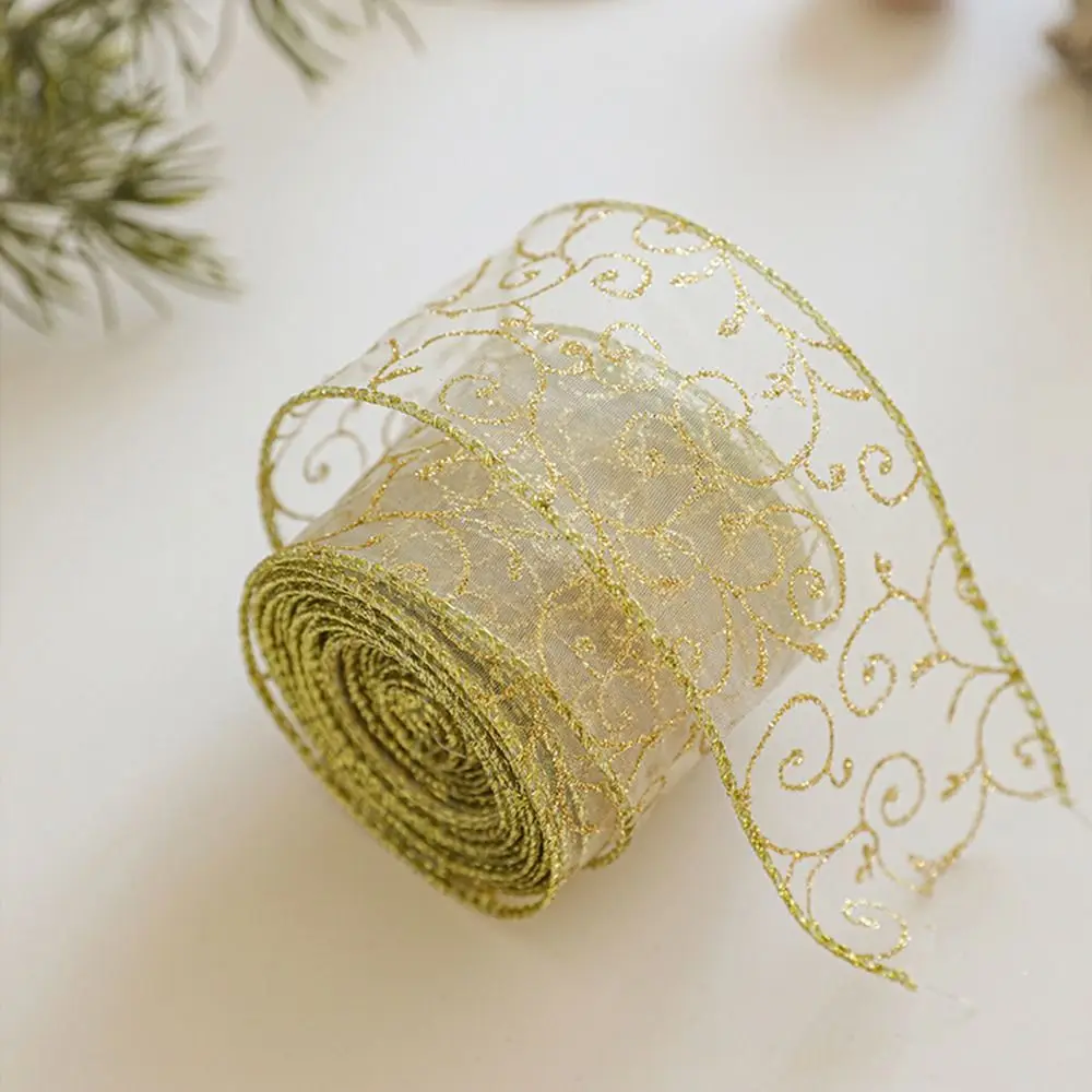 

Gold Wire Edge Christmas Ribbon Weaving Mesh Yarn Classic Christmas Tree Ribbon Xmas Bows Wrapping Fabric Craft Ribbon New Year