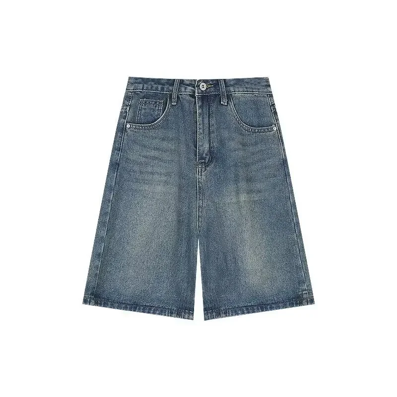 High Waist Five-Quarter Women's Jeans Straight Leg Slimming American Retro Design Loose Wide Leg Mid-Length Shorts