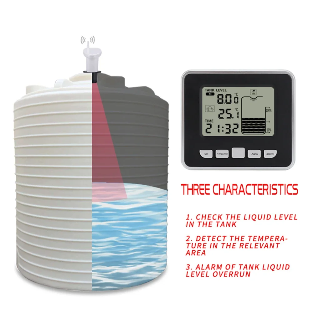 Ultraschall-Flüssigkeitsstandmessgerät für den kabellosen Wassertank mit Temperatursensor, Echtzeit-LCD-Display, Hi/Low-Alarm, Min./Max. Aufnahme für Zuhause – Detail 11