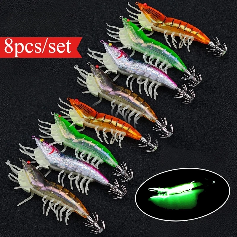 

Набор из 8 светящихся приманок для кальмаров и креветок, 12 см/27 г, искусственные рыболовные снасти, аксессуары для ловли осьминогов