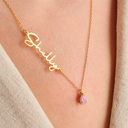 Personalized Name Birthstone Pendant Necklace Custom Anniversary Gift for Wife Stainless Steel Nameplate Necklace Zircon Jewelry