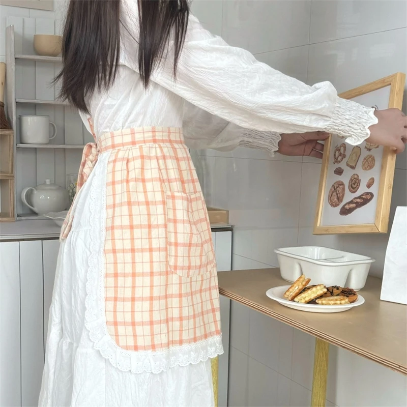 Elegant Lace Trim Half Apron Skirt Adjustable Cotton Uniforms Baking Cooking Accessories for Kitchen and Coffee Shop