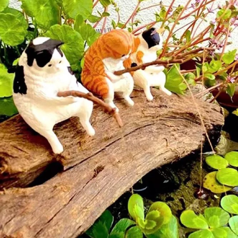 1 Pc Fish Aquarium Decoration Fishing Kitten Miniature Resin Figurine Pet Decoration