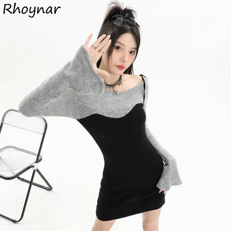 Long Sleeve Dresses Women Sexy Lace-up Off-shoulder Fake Two Piece Mini Dress Hot Girl Fashion Party Streetwear Spring Design