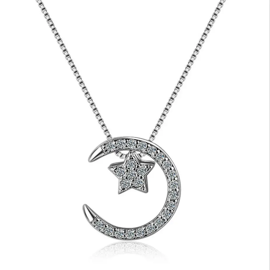 Fashion 925 Sterling Silver Moonlight Little Star CZ Pendant Necklace For Women Girls Party Accessories Jewelry