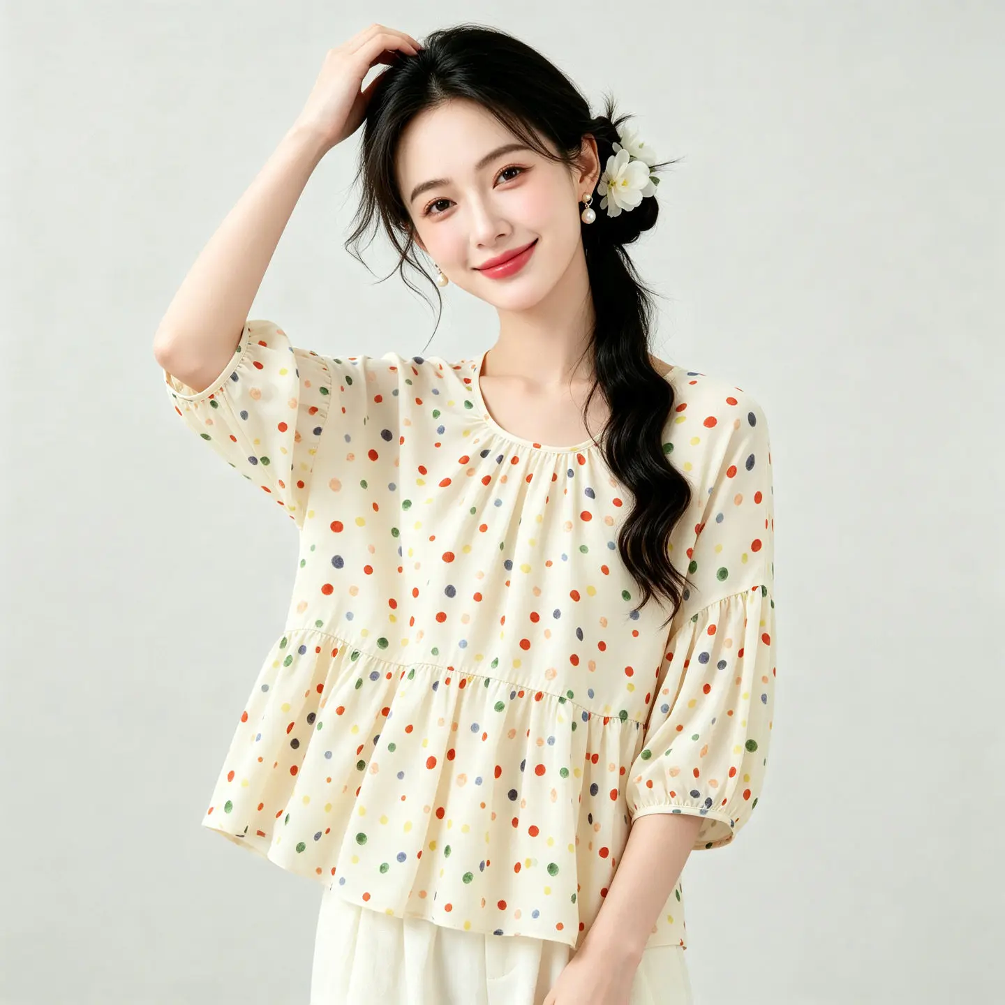 Winsleter-100%Real Silk Double Crepe Elegant T-Shirt, Half Sleeve Dot Print, Women French Casual Loose Top, 2026 Autumn T68305CC