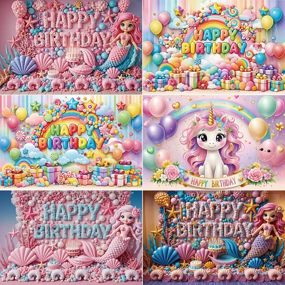 

MOON.QG Children's Happy Birthday Party Decorations Backdrop Mermaid Fairy Forest Unicorn Princess Gift Rainbow Pink Background