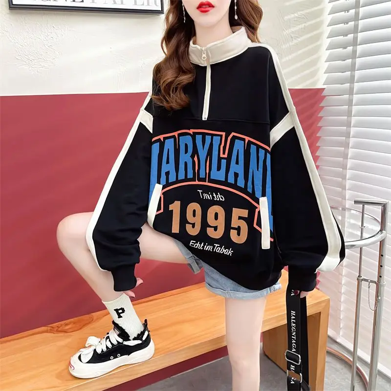 Autumn Winter New Loose Printing Zipper Stand Collar Sweatshirts Female Oversized Top Tee Women Clothes Trend Letter T-Shirts