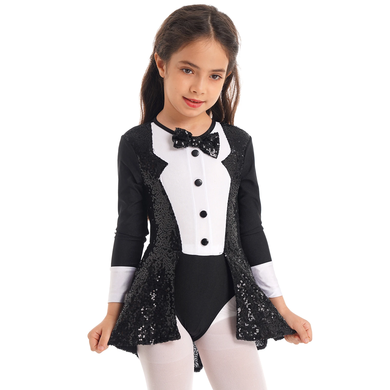 Girls Sequins Long Sleeves Ballet Dance Dress Bow Tie Magic Performance Leotard Modern Ballroom Latin Jazz Dance Costume