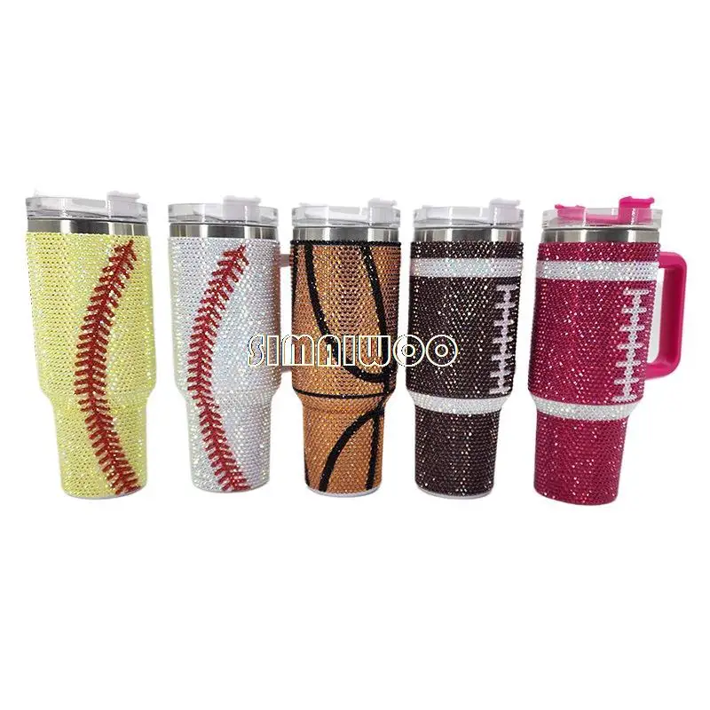 40oz Handle Rhinestone Cup Basketball Rugby Design Car Portable Double Layer Ice Drink Straw Vacuum Thermal Insulation Handmade