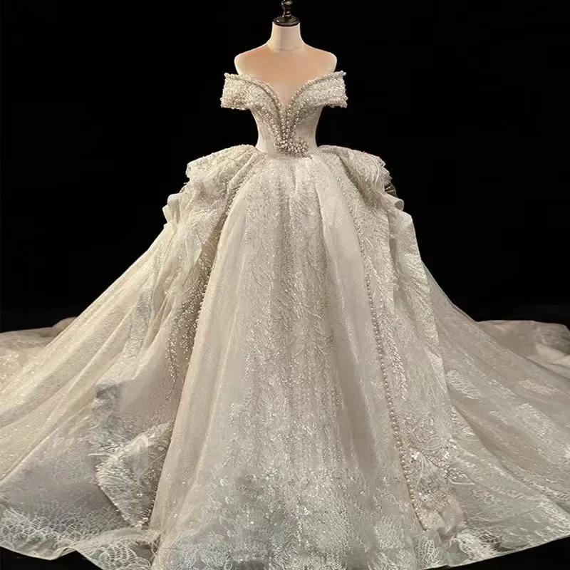 

Luxury Heavy Industry Pearl Sequin Princess Wedding Dress V-Neck Off Shoulder Church Bride Dress Vestido De Novia Customized