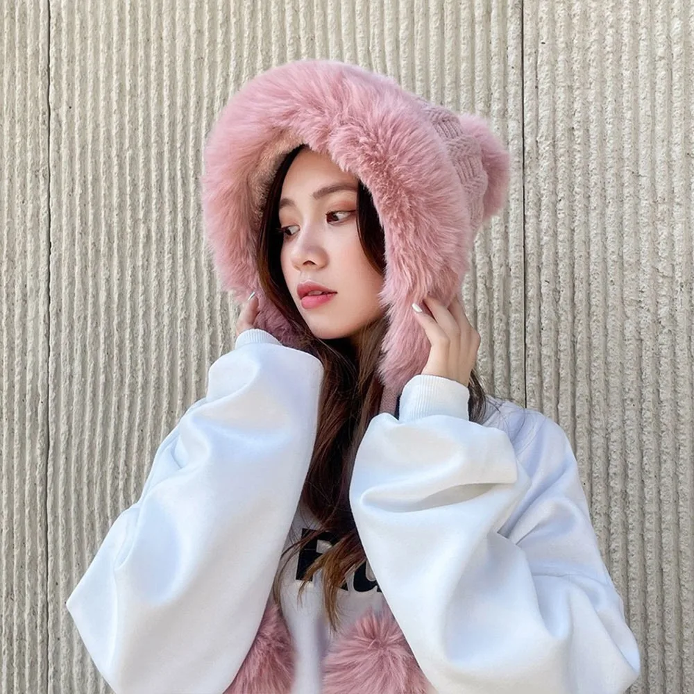 

Casual Windproof Knitted Plush Hat Thickened Keep Warm Beanies Cap Coldproof Pompoms Hat Outdoor Cycling