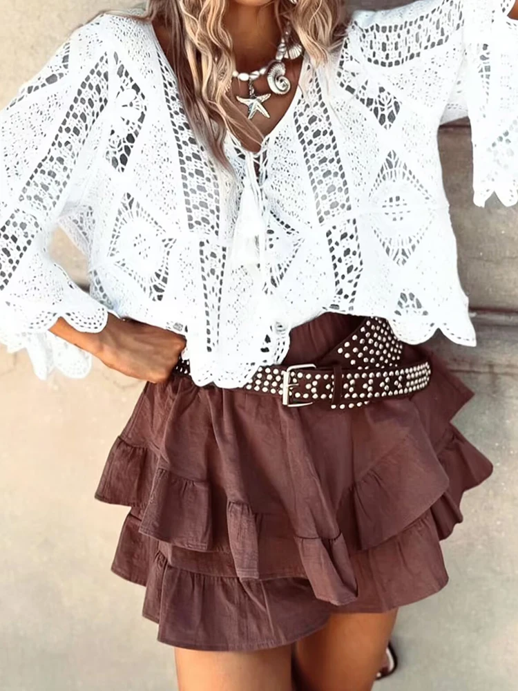 Top Estivo con Maniche a Campana, Tinta Unita, Copricostume da Spiaggia, Scollo a V, Trasparente, con Lacci, Elegante Camicia Traforata in Rete per Vacanze