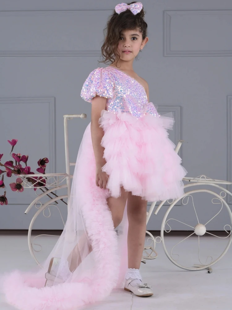 Customized Flower Girl Dresses Pink Sequin Tulle With Bow And Trailing For Wedding Birthday Prom Party Banquet Evening Ball Gown