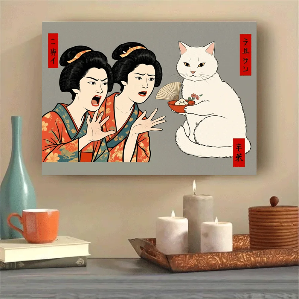 1PC-Unframed Canvas poster wall decoration  Japanese Geisha Women White Cat Sushi Bowl Fan Art Print Poster