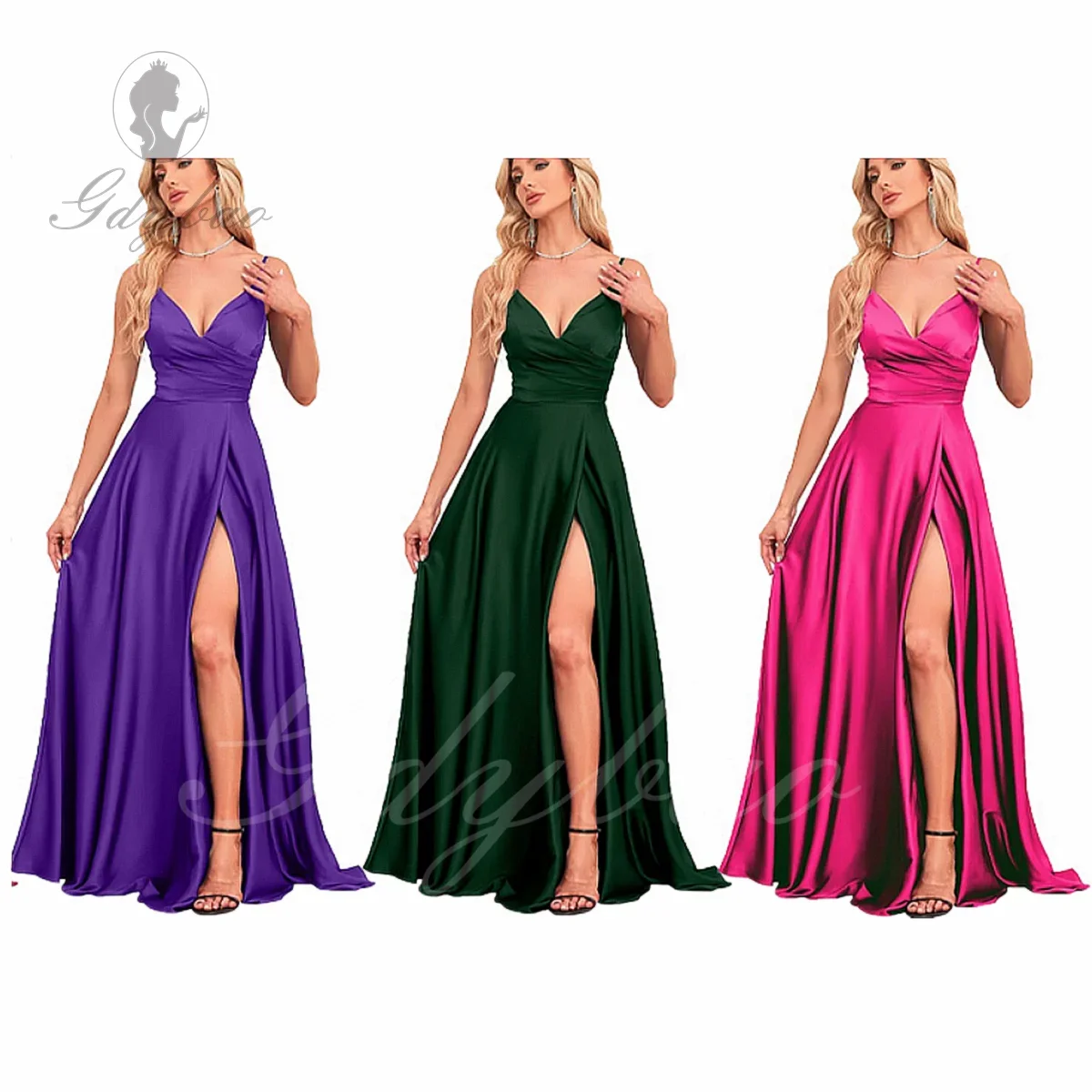 Elegant Long Prom Dresses for Women Ball Gown with Slit V-Neck Pleated Formal Dress with Train Satin Evening Gowns