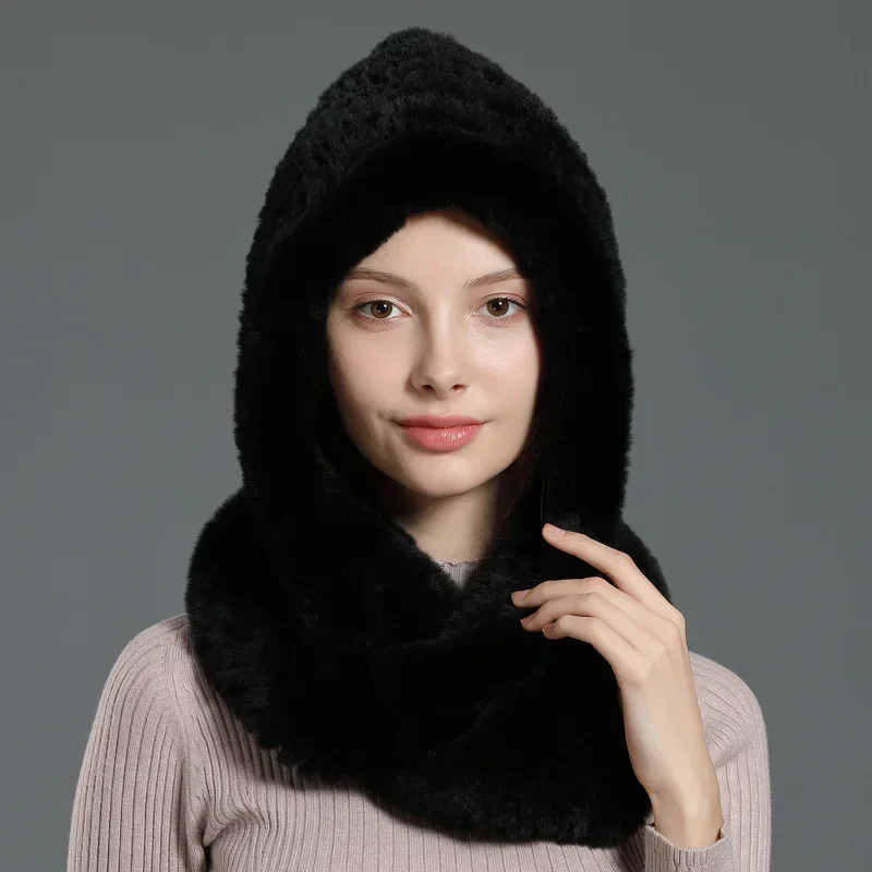 Rex Rabbit Fur Hat Hooded Scarf Winter Knitted Hats For Woman Winter Warm Fur Hat With Neck Collar Natural Fur Hat With Scarves