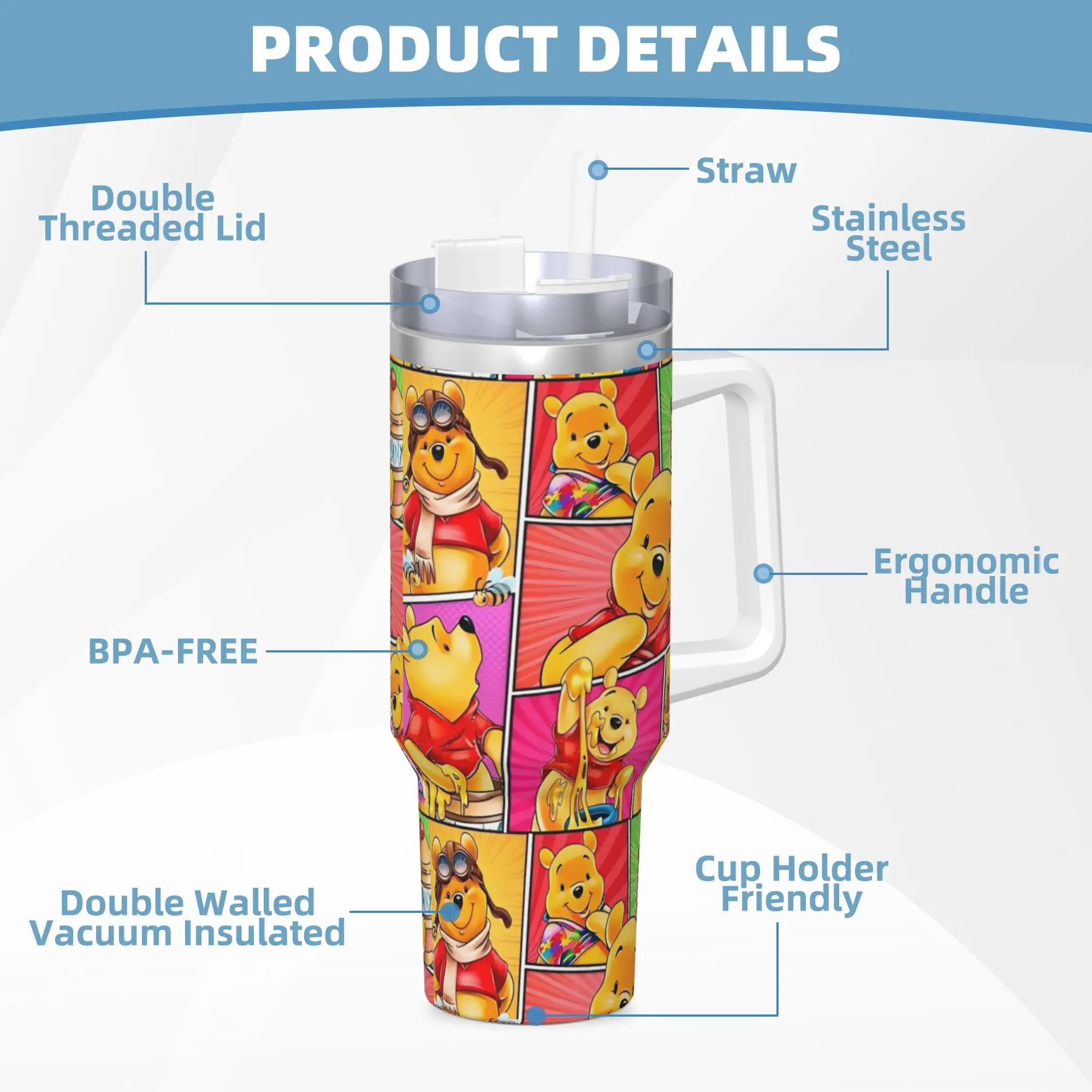 Anime Cartoon Winnie The Pooh Stainless Steel Tumbler Thermal Mug With Straws and Lid Large Capacity Mugs Cup Water Bottle - view 4