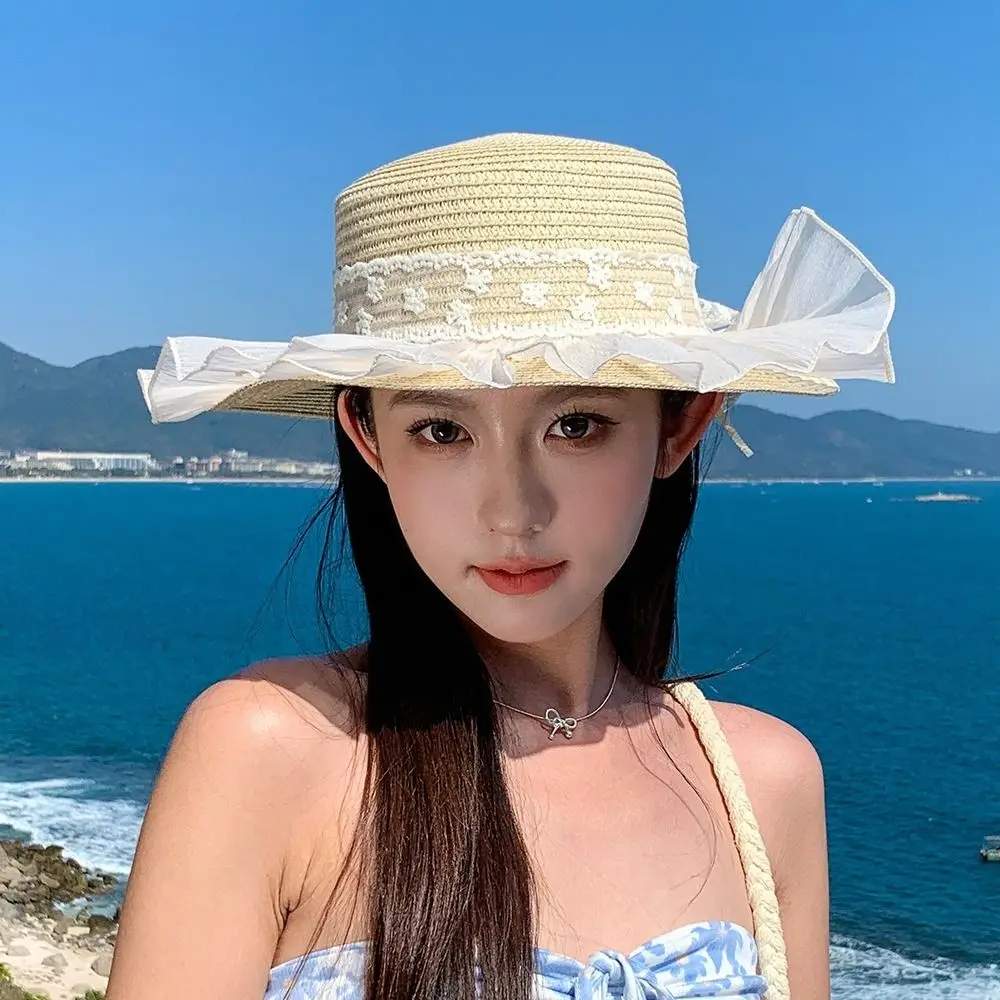 

Lace Flower Straw Hat Breathable Material Extended Brim Beach Straw Hat Elegant Style Solid Fringe Lace Straw Hat Summer Cap