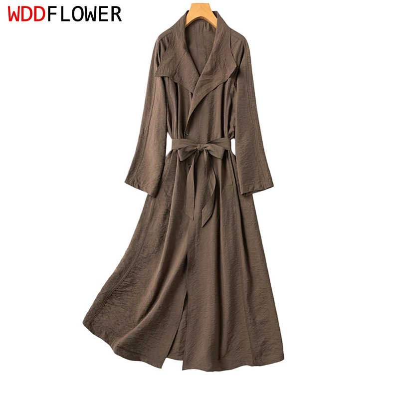 76% Mulberry Silk 24% Nylon Dry Silk Women Long Trench Coat Coffee Color Buttons Long Sleeve Jacket Top Blouse Autumn M1809