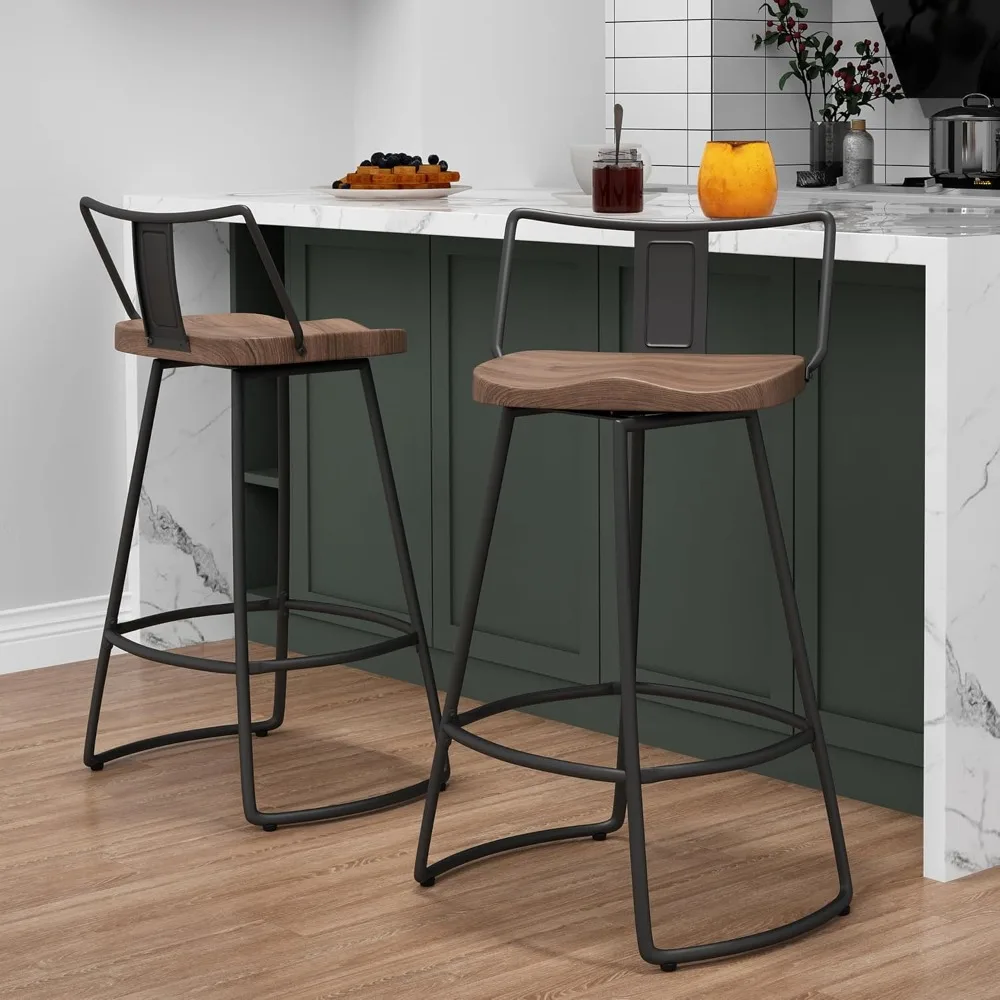 24 Swivel Bar Stools with Backs Set of 2 Metal Counter Height Bar Chairs with Wooden Seat Industrial Barstools Matte B