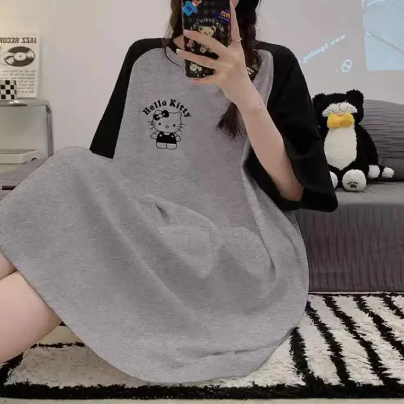 Miniso أنيمي مرحبا كيتي بيجامة فستان الصيف تقليد القطن النوم تنورة الكرتون المألوف فضفاض المنزل الملابس في الهواء الطلق الهدايا