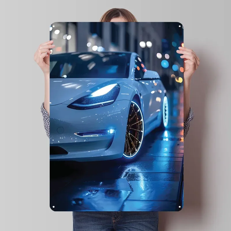 تسلا نموذج 3 ليلة النار علامات معدنية سيارة ملصق جدار الديكور غرفة مخصص صفيح تسجيل ل جدار الفن الديكور الرجعية ديكور #1