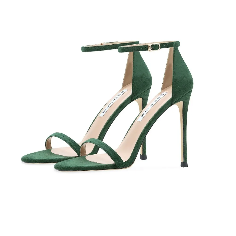 Dark Green Velvet Women High Heel Sandals Comfortable Open Toe Ankle Strap Buckle Thin Heel Office Workplace Standard High Heels