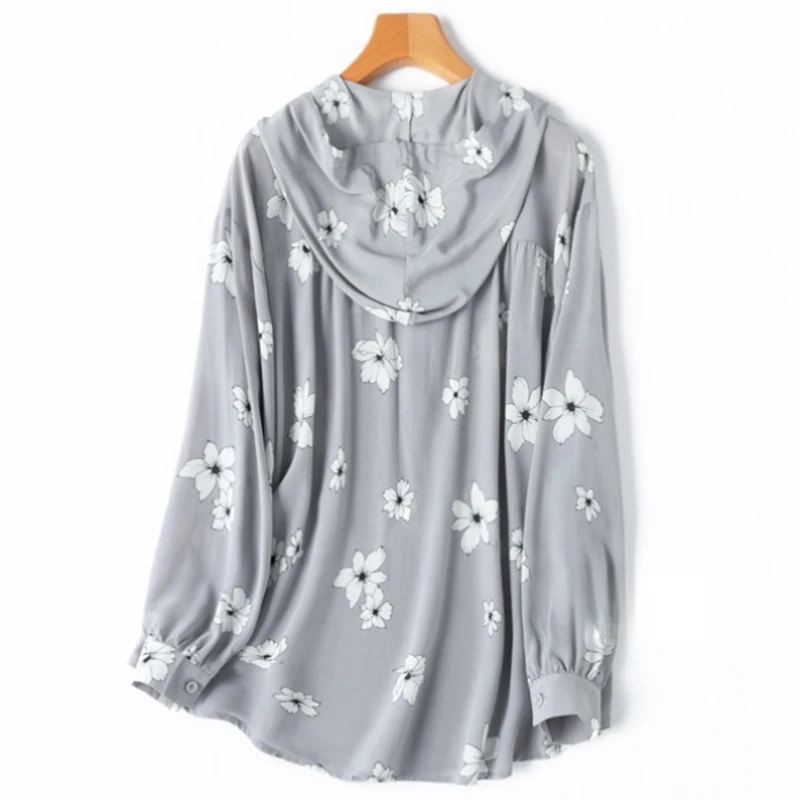 Women Blouse 100% Mulberry Silk Hoodie Neck Gray Floral Printed Long Sleeve Pullover Shirt Top Plus Size M1071