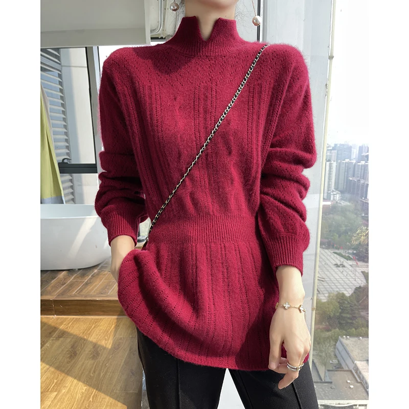 Autumn/Winter Women\'s Knitted Dress 100% Cashmere Long Sweater Fashion High Neck Open Jumper Slim Fit Korean Sweater Skirt