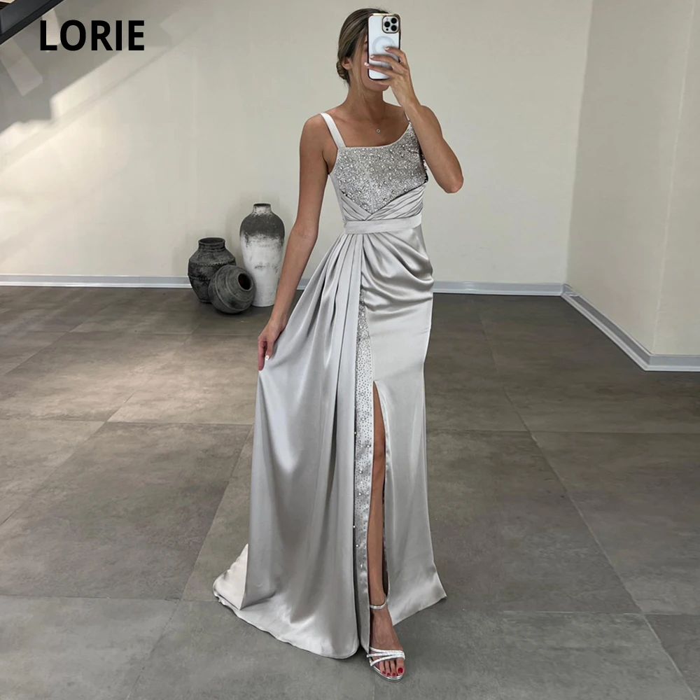 

LORIE Long Silver Mermaid Evening Dresses Spaghetti Straps Crystals Formal Event Gowns Prom Dress Side Split Vestidos De Noche