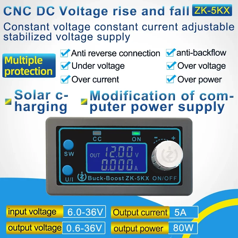 ZK-5KX DC DC Buck Boost Converter CC CV 0.6-36V 5A 5V 6V 12V 24V 80W Power Module Adjustable Regulated For arduino Module