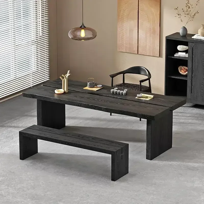 Retro Solid Wood Tea Table Black Carbonized Balcony Tea Drinking Table Dining Desk Integrated Ash Wood Quiet Style Dining Table