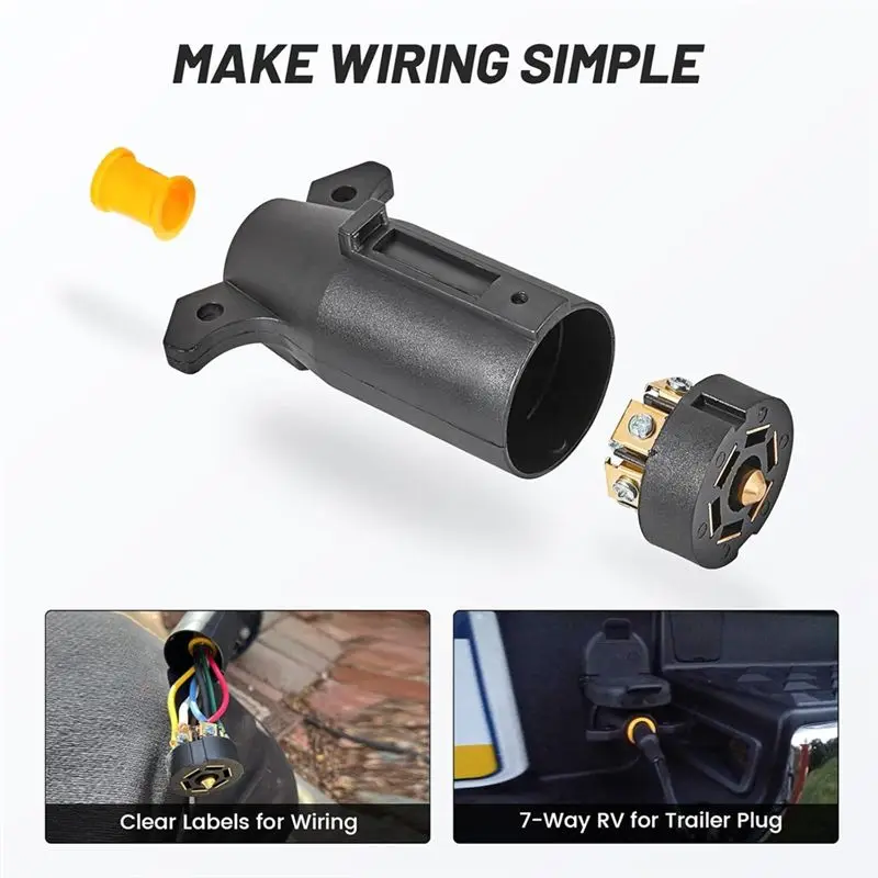 RV-Style Trailer Light Wiring Harness Connector 7 Way Round Male End Replacement Splice-In Trailer Plug Side US Power US PLUG-A6