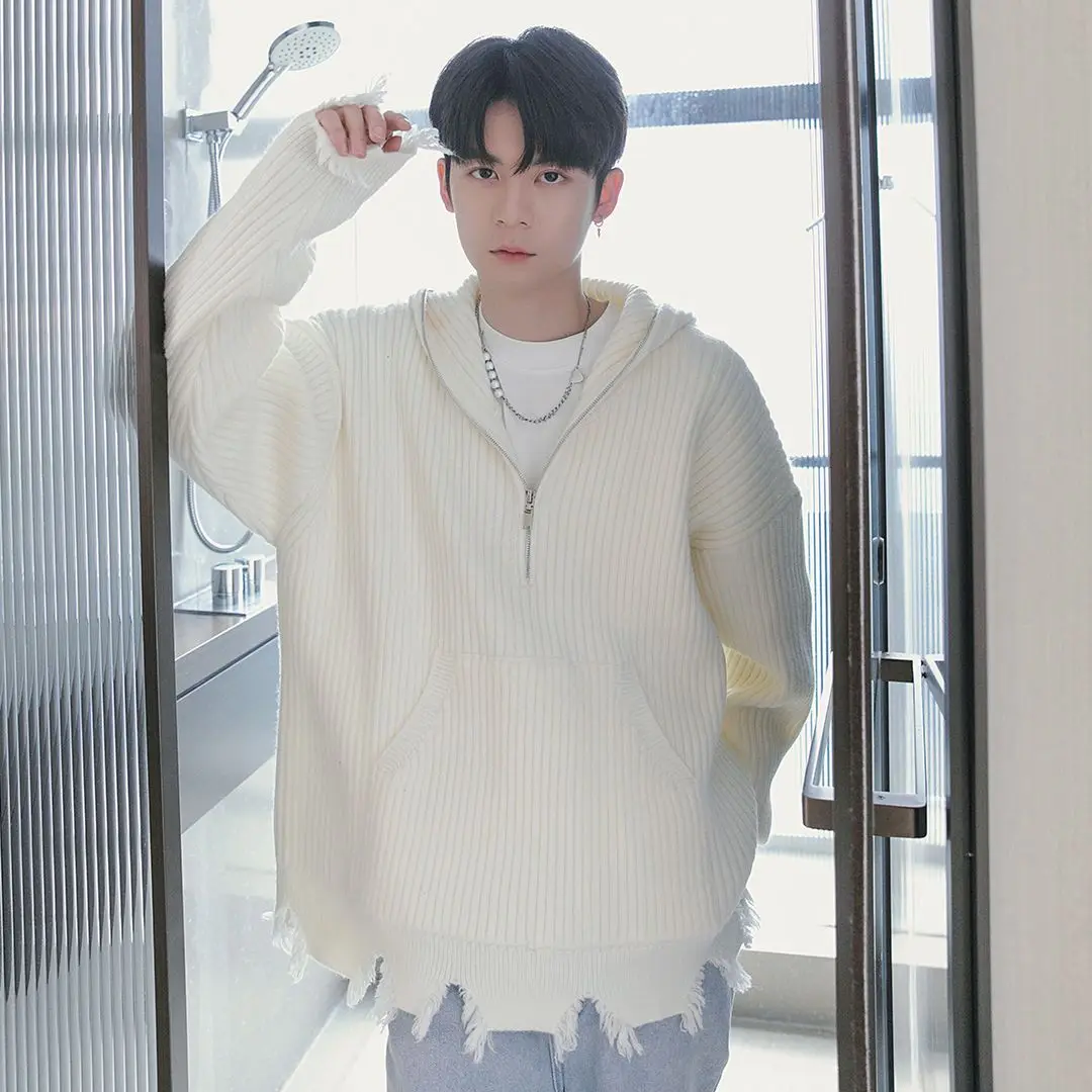 

Irregular zipper knit Korean loose casual hooded sweater for men in autumn