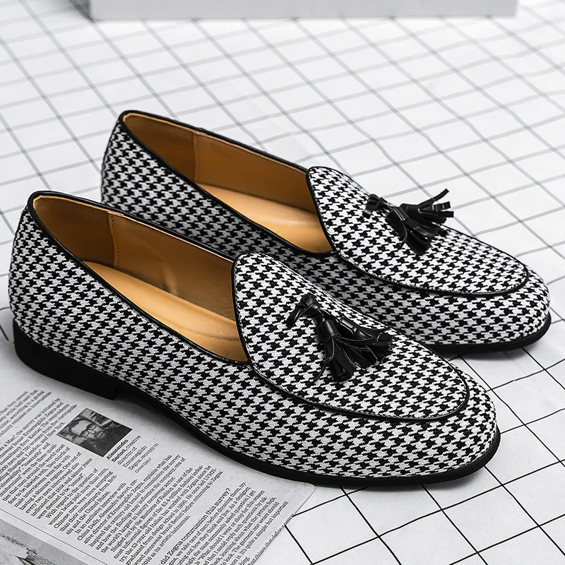 houndstooth men loafers cow suede leather shoes party nightclub dress slip on summer shoe comfortable sneakers zapatos hombre