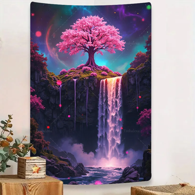 

1шт настенный гобелен "Фантазийное розовое дерево водопад гобелен - мечтательный пейзаж настенное искусство"