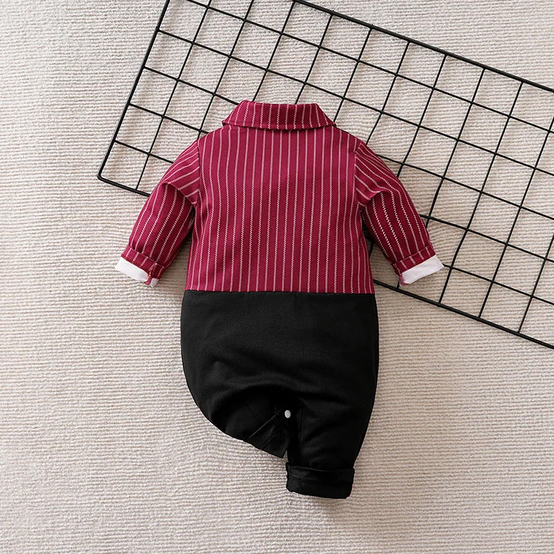 Newborn Baby Boy Formal Romper Long Sleeve Burgundy Striped Shirt Style Fake Two-Piece Suspender Jumpsuit with Bow Tie