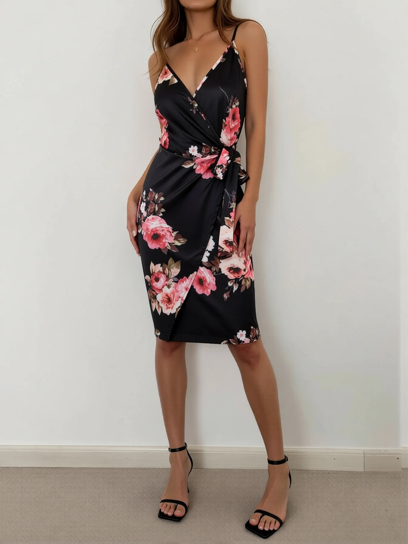 レディース 春夏 ブラック ピンク 花柄プリント スパゲッティストラップ ディープV ラップタイウエスト ボディコン ミディ丈 パーティードレス