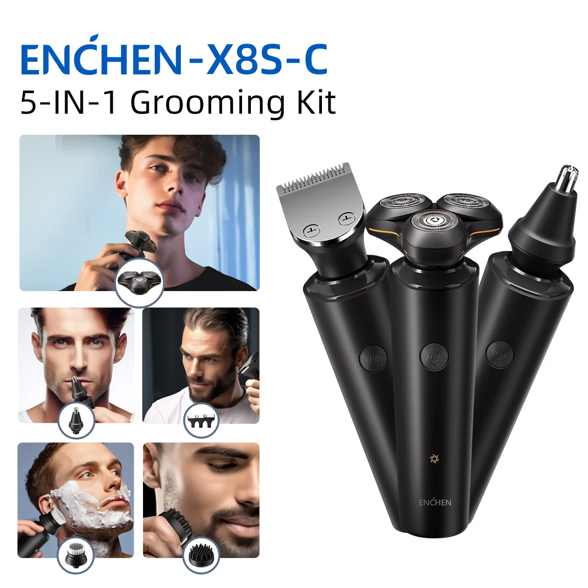 ENCHEN Electric Shaver Razor 5 in 1 Grooming Kit Beard Trimmer Nose Hair Trimmer Facial Brush Waterproof Shaver for Men - X8S-C