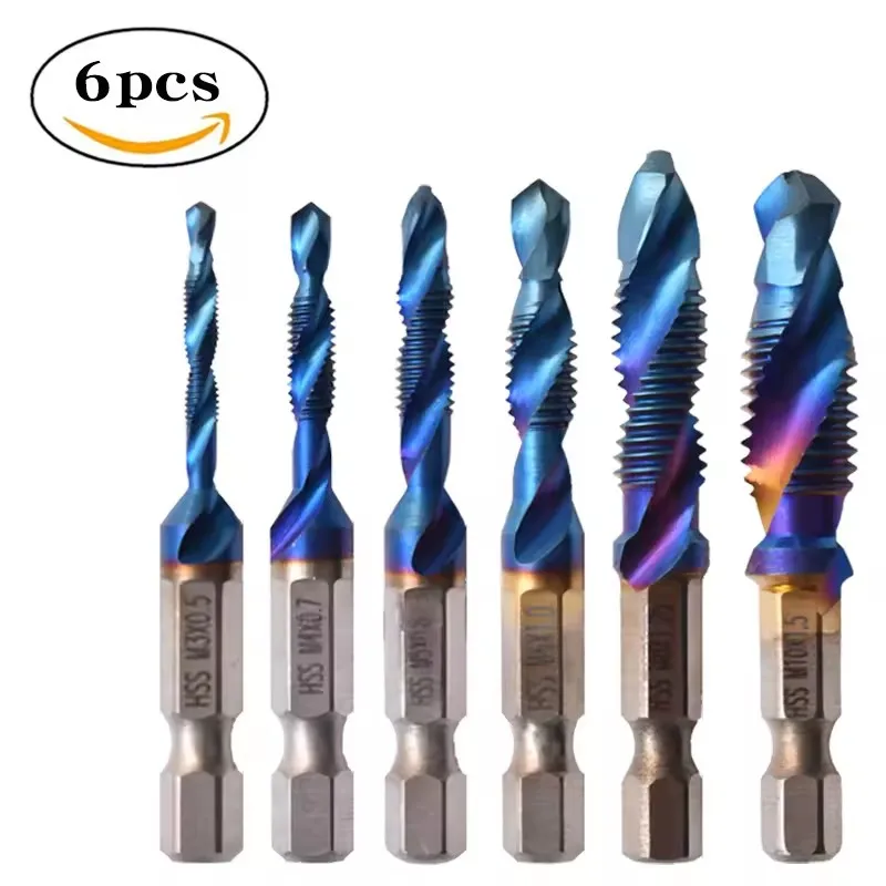 6Pcs Tap Drill Bit Set Hex Shank Titanium Plated HSS Screw Thread Bit Screw Machine Compound Tap M3 M4 M5 M6 M8 M10 Hand Tools