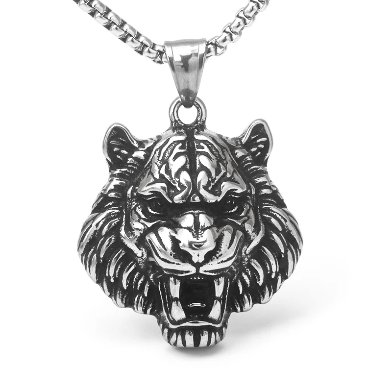 Stainless steel street personality Hip Hop retro punk Tiger Head pendant men's and women's long sweater necklace