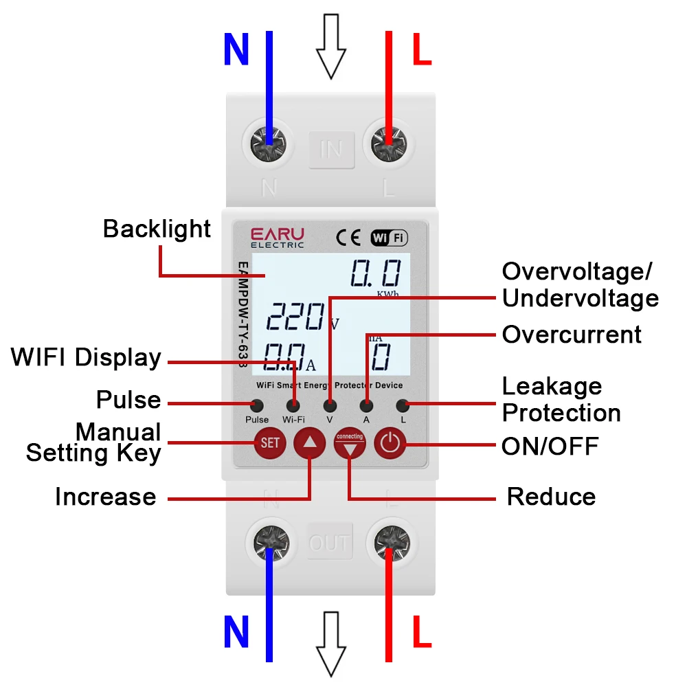 2P 63A TUYA APP WiFi Smart Circuit Earth Leakage Over Under Voltage Protector Relay Device Switch Breaker Energy Power kWh Meter