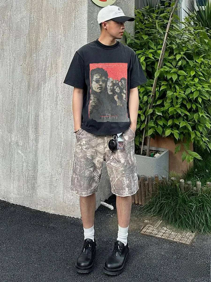 Retro Washed Short Sleeve T-Shirt Men's Lost Boys Movie Limited Edition Vintage Style Breathable Cotton Casual round Neck
